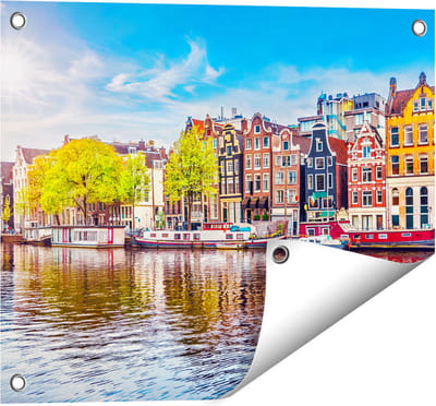 Gards Tuinposter Amsterdamse Huisjes aan het Water - 50x40 cm - Tuindoek - Tuindecoratie - Wanddecoratie buiten - Tuinschilderij