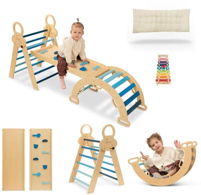 FINOOS Klimrek - Klimdriehoek - Klimboog - Glijbaan - Montessori - Houten Speelgoed - incl. kussen en Xylofoon Blauw