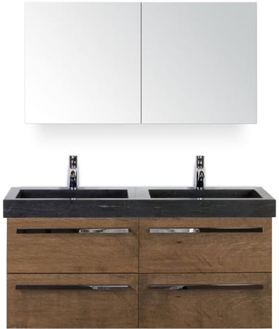 Seville Badmeubelset 120 cm - 4 Laden Tabacco - Wastafel Hardsteen Wit Lucca met Spiegelkast