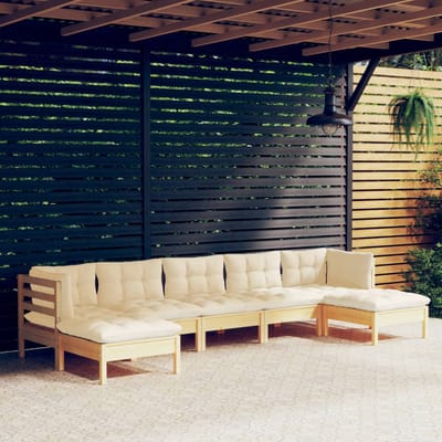 vidaXL - 7-delige - Loungeset - met - crèmekleurige - kussens - grenenhout