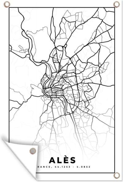 Muurdecoratie Alès - Kaart – Plattegrond – Frankrijk – Stadskaart - Zwart wit - 120x180 cm - Tuinposter - Tuindoek