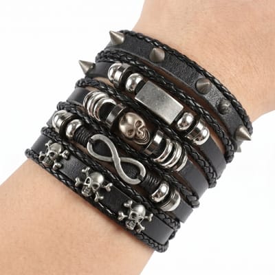 Set van 5 zwarte armbanden voor heren – verstelbare PU leren en gevlochten armbanden met metalen details, studs, skull en infinity symbool – unisex sieradenset
