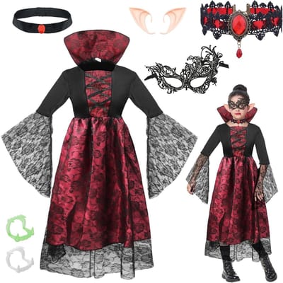 Halloween Vampier Kostuum voor Meisjes met Masker, Ketting, Tanden en Tatoeages - Perfect voor Verjaardagen en Feestjes