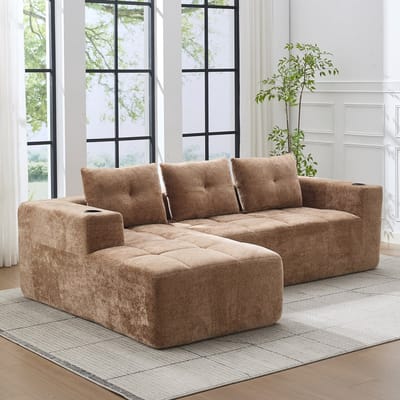 REDOM L-vormige Bank + Hoekbank - Ruime 4/5-zits met diepe zitting en bekerhouders - Moderne bank voor woonkamer of wachtruimte - Zachte chenille bekleding - Lichtbruin - 258 x 163 x 68 cm