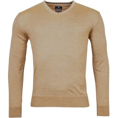 Baileys Trui V-Hals Merinowol Uni Color Single Knit Donker Zand / male