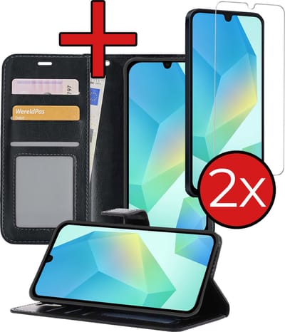 Hoesje - Met 2x Screenprotector - Geschikt voor Samsung Galaxy A16 - Luxe Pasjeshouder - Flip Case - Bookcase Portemonee - Kunstleer Book Case - Flipcase Hoes - Book Cover - Walletcase - Portemonneehoes - Telefoonhoes - Zwart