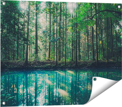 Gards Tuinposter Bos bij een Groen Meer - 80x60 cm - Tuindoek - Tuindecoratie - Wanddecoratie buiten - Tuinschilderij