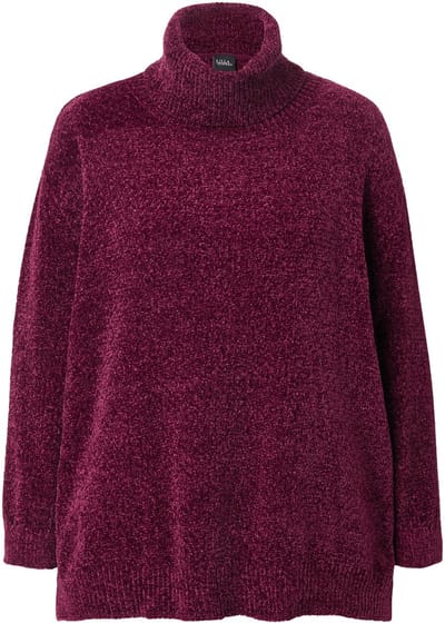 Ulla Popken - Dames - Chenille pullover oversized opstaande kraag lange mouwen - Donker wijnrood - Maat 58+