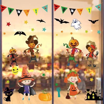 Raamdecoratie voor Halloween - Zelfklevende Halloweenraamstickers - Halloweendecoratiestickers voor ramen - 2-delige set met spook en pompoenmotieven.
