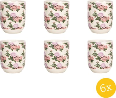 Clayre & Eef Mok set van 6 stuks 100 ml Beige Roze Porselein Rond Bloemen Theemok