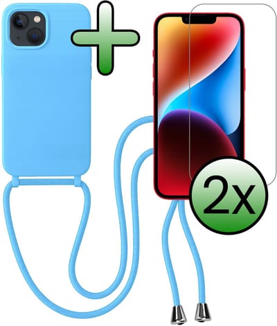 Hoes Geschikt voor iPhone 13 Mini Hoesje Met Koord Met 2x Screenprotector - Telefoonhoesje Geschikt voor iPhone 13 Mini Backcover Met Afneembaar Koord - Lichtblauw