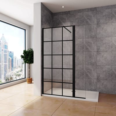 Inloopdouche 90x200cm met zwart decor,40x200cm draaibaar hoekprofiel,140cm Stabilisatiestang,8mm NANO EasyClean veiligheidsglas