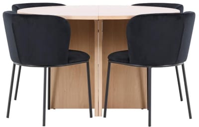 Strada eethoek uittrekbare tafel Ø120cm, 170cm en 4 stoelen whitewash, zwart.