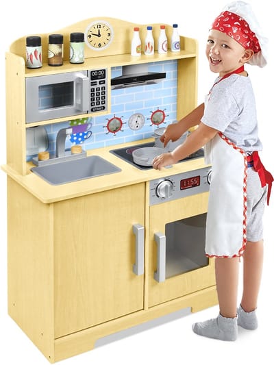 Houten speelkeukenset voor kinderen, poppenkeukenset met accessoires zoals magnetron, oven, gootsteen, kookgerei en kruiden, doe-het-zelf speelkeuken, voor meisjes en jongens Type B NAIZY