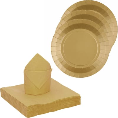 Santex feest/verjaardag servies set - 10x gebaksbordjes/25x servetten - goud - karton