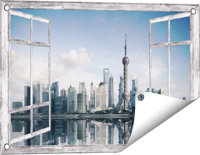Gards Tuinposter Doorkijk Shanghai Skyline in China - 60x40 cm - Tuindoek - Tuindecoratie - Wanddecoratie buiten - Tuinschilderij
