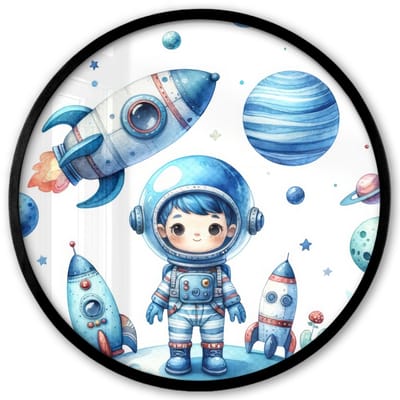 Poster in lijst Rond - Fotolijst 40x40 cm - Posters - Ruimte - Blauw - Astronaut - Raket - Planeten - Ronde posterlijst zwart - Decoratie - Wanddecoratie woonkamer - Muurdecoratie slaapkamer