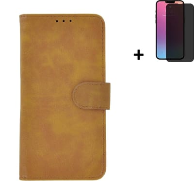 Hoesje Geschikt voor iPhone 13 Mini + Screenprotector iPhone 13 Mini - iPhone 13 Mini Hoes Wallet Bookcase Bruin + Privacy Tempered Glass