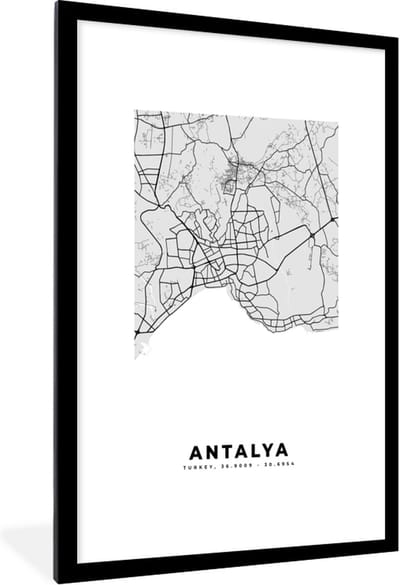 Fotolijst incl. Poster Zwart Wit- Antalya - Stadskaart - Plattegrond - Zwart Wit - Kaart - 80x120 cm - Posterlijst