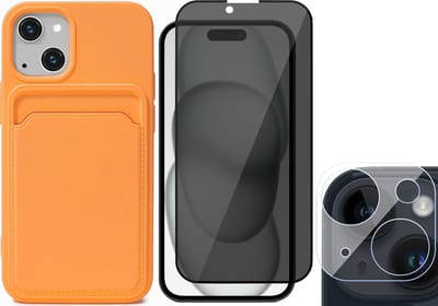 Hoesje Pasjeshouder geschikt voor iPhone 15 - Privacy Screenprotector FullGuard + Camera Lens Screen Protector - Siliconen Case Back Cover Oranje