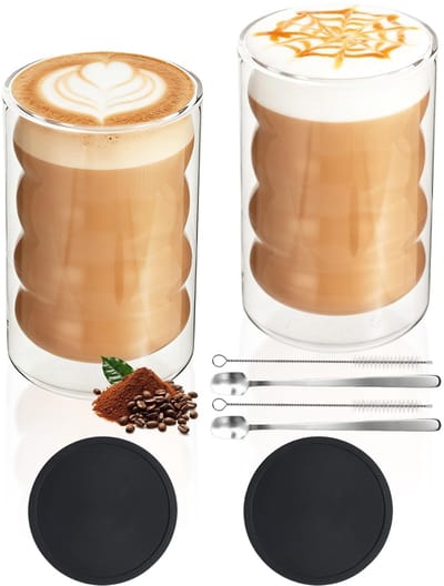 Dailygoods- Latte Macchiato Glazen Dubbelwandig 350 ml - Set van 2 - Koffieglazen - Roestvrijstalen Lepels - Siliconen Onderzetters - Reinigingsborstel