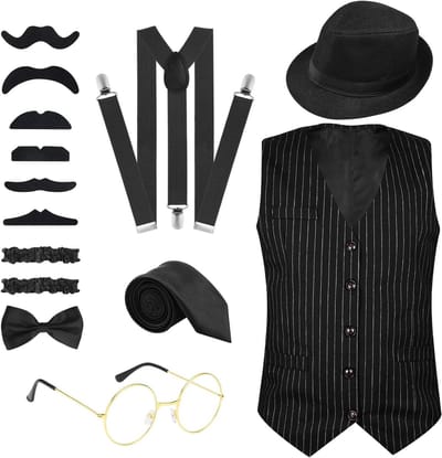 1920s Mannenaccessoires Kostuum Outfit met Vest, Fedora Hoed, Zakhorloge, Stevige Bretels en Stropdas voor Feestjes en Themadagen