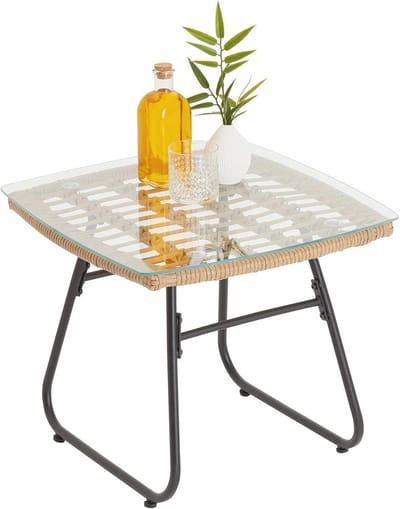 Elegante Bijzettafel met Glasplaat - Praktische Tuintafel in Rotanlook