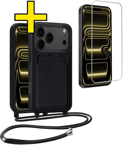 Hoesje Geschikt voor iPhone 17 Pro Telefoonhoesje Met Koord Case Pashouder Met Screenprotector Siliconen - Hoes Geschikt voor iPhone 17 Pro Hoesje Met Kaarthouder - Zwart