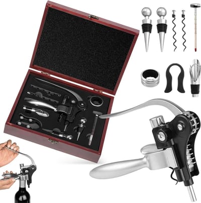 Professionele Kurkentrekker Set met 9 Onderdelen, Inclusief Aerator, Capsule Cutter en Houten Cadeauverpakking voor Wijnliefhebbers