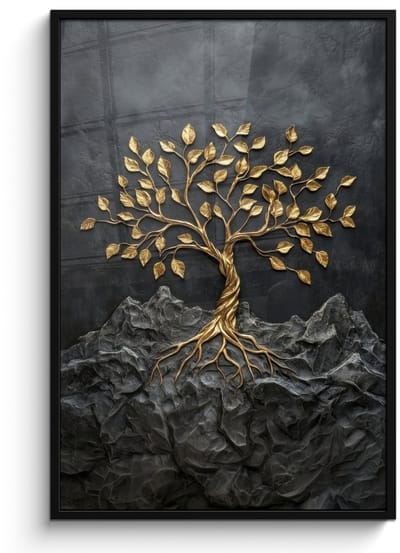 Poster in lijst - Fotolijst 80x120 cm - Posters - Bladeren - Goud - Boom - Rots - Posterlijst zwart - Decoratie - Wanddecoratie woonkamer - Muurdecoratie slaapkamer