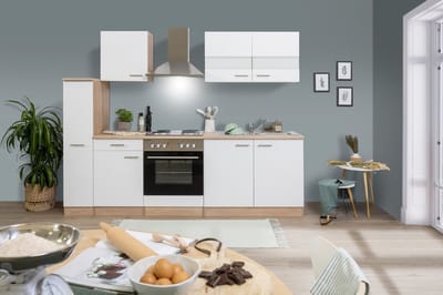 Goedkope keuken 240  cm - complete keuken met apparatuur Merle  - Eiken/Wit - soft close - elektrische kookplaat    - afzuigkap - oven    - spoelbak