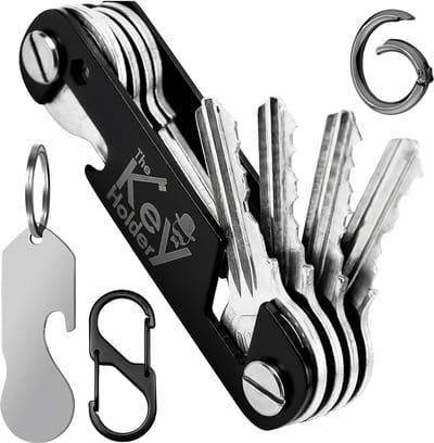 x2 KeyAmor Zwarte Sleutels Organizer Sleutelhanger met Karabijnhaken & Winkelwagenmunt Flesopener Multitool - Multifunctioneel Key Organizer - Musketon Keychain Holder - Sleutelhouder - Sleuteletui/Sleutelbos Opberger -Karabijnsluiting Sleutel Hanger