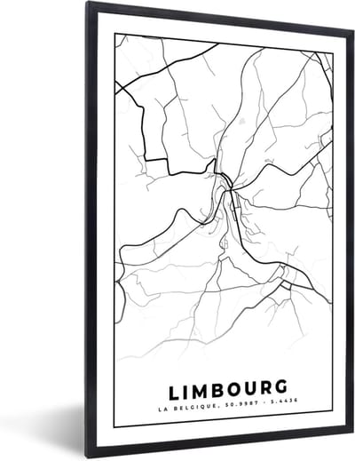 Fotolijst incl. Poster Zwart Wit- Stadskaart – Plattegrond – België – Zwart Wit – Limbourg – Kaart - 40x60 cm - Posterlijst