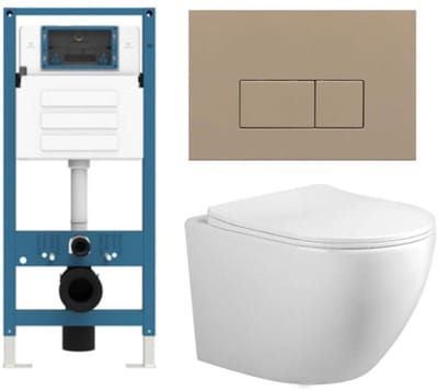 Adema Salina 2.0 Toiletset - 48.5x36x32cm - diepspoel - spoelrandloos - QeramiQ inbouwreservoir - softclose - quickrelease - toiletzitting - taupe kunststof bedieningsplaat - rechthoekige knoppen - wit