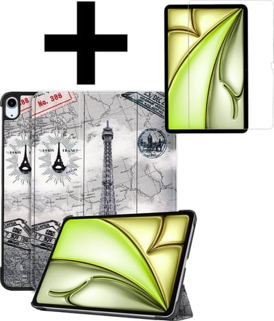 Hoes - Geschikt voor Apple iPad Air (2024/2025/2026) - 11 inch - Met Screenprotector - Trifold Bookcase - Hard Cover - Hardcover Book Case - Tablet Hoesje - Eiffeltoren
