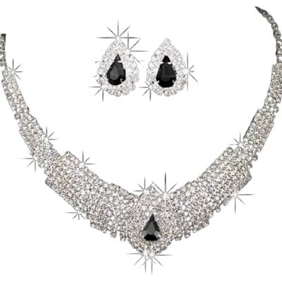 2-Delig -ketting-Oorbellen-zilverkleur- zwart-Trouwen-Charme Bijoux