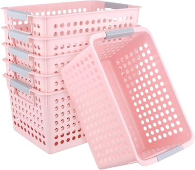 Set van 6 Roze Opbergmanden van Plastic, 27 x 18 x 14 cm, Handvatten voor Gemakkelijke Organisatie en Opslag