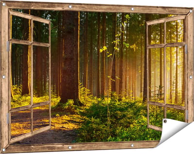 Gards Tuinposter Doorkijk Bos met Zon tussen de Bomen - 120x80 cm - Tuindoek - Tuindecoratie - Wanddecoratie buiten - Tuinschilderij