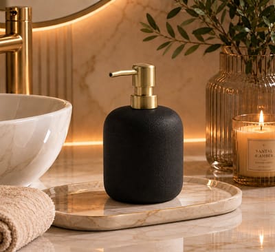 Aquamarbre Luxe Badkameraccessoire Set 2-delig – Zeepdispenser en Tandenborstelbeker – Zwart/Goud