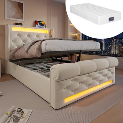 Gutent-Gestoffeerd eenpersoonsbed 90x200cm-opberghoofdeinde-hydraulisch opbergbed-beige-fluweel (met matras)