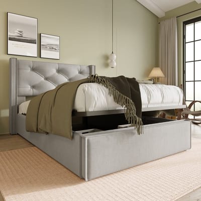 REDOM Opbergbed 90x200 cm – Katoen – Hydraulisch – Gecapitonneerd hoofdbord – Incl. matras – Lichtgrijs – 150 kg