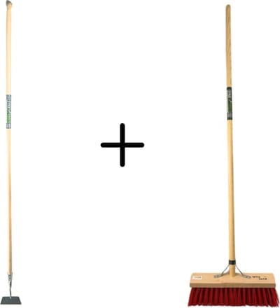 Synx Tools Rechte schoffel 14cm & Synx Tools Nylons StraatBezem 35cm - Schoffel met Steel - 160 cm steel met hilt - Buiten bezem Kunststof haren - Bezem met Steel 150 cm - Schrobborstels