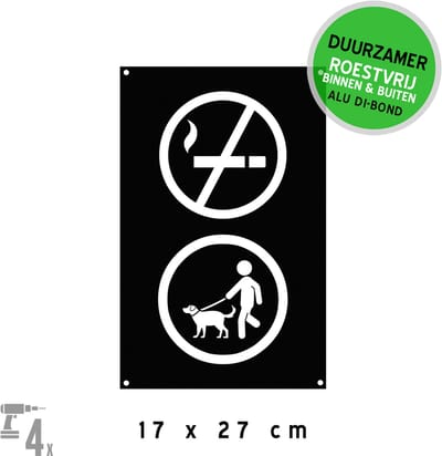 Pictogram/ bord Dibond + boorgaten | Rookverbod + Honden aan de lijn | 17 x 27 cm | Zwart | Roken | Wandelen | Hond | Leiband | Rookvrij | Aangelijnd | Duurzaam | Roestvrij | 1 stuk