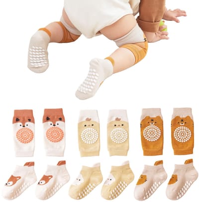 Kniebeschermers en 3 Paar Baby Sokken Kruipen set, Anti-slip met rubberen punten Kniebeschermers Beenwarmers voor Peuters 0-12 Maanden, Schattige Cartoonpatronen