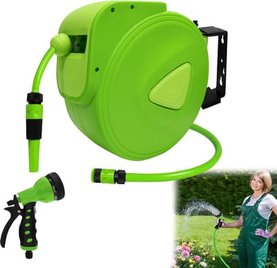 Froadp Automatische slanghaspel, 20 m Wandmontagebox met 180° draaibare aansluiting. Ideaal voor tuin, autowassen, camping of irrigatie