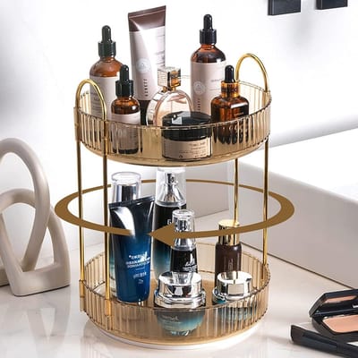 360 Rotating Makeup Organizer met 2 Lagen voor Cosmetica en Huidverzorging - Acryl Opbergoplossing voor Make-up, Parfum en Accessoires in Slaapkamer en Badkamer (Goud)
