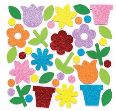 Famanu – Set van 150 bloemen tuin glitter schuim stickers in 8 kleuren, versieringen voor kinderen, ideaal voor knutselen en ambachten