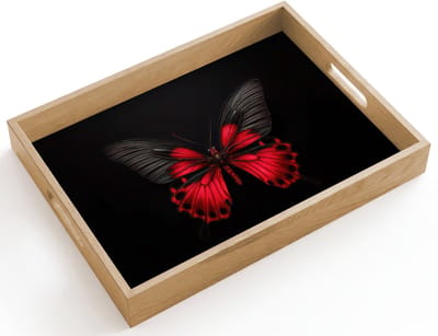 Dienblad hout 40x30 cm - Schootdienblad - Vlinder - Rood - Contrast - Borrelplank rechthoek - Plateau dienbladen