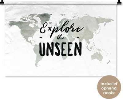 Wandkleed WereldkaartenKerst illustraties - Wereldkaart van grijze waterverf met de quote Explore the unseen erop Wandkleed katoen 90x60 cm - Wandtapijt met foto
