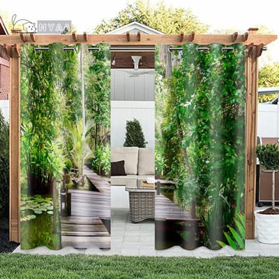 2 panelen buitenpaviljoen groen bos gordijn natuur tuingordijn binnenplaats balkon zonwering slaapkamer raam cortinas haak (70W185H)x2(CM)&Grommet Top